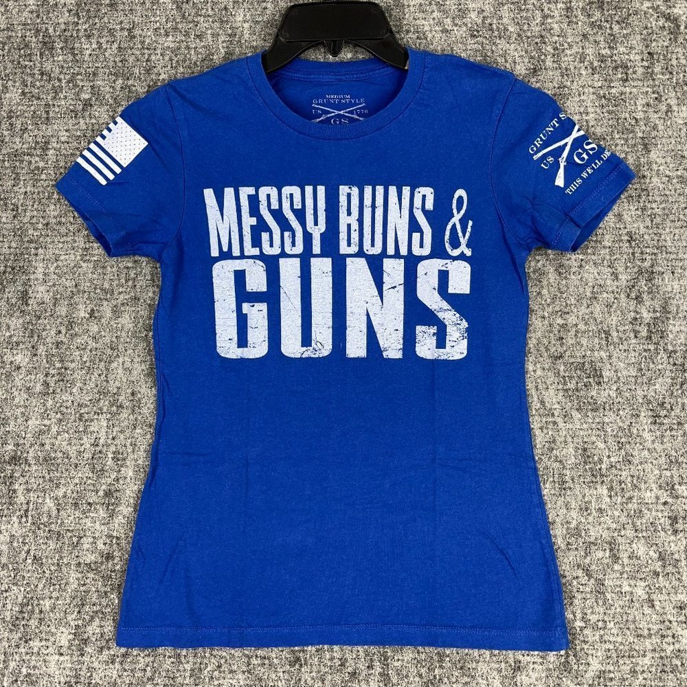 Grunt Style Shirt Womens Medium Blue Fitted USA Flag Messy Buns